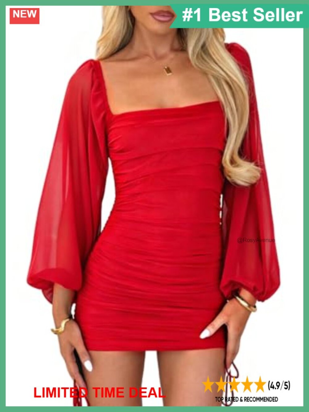 Long Sleeve Ruched Square Neck Mini Dress Bodycon Party